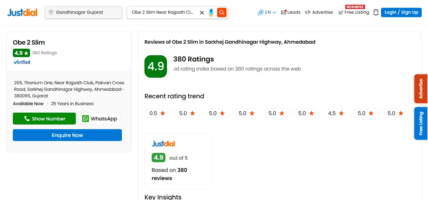 Obe2Slim JustDial Ratings: 4.9/5 (380+ Reviews)
