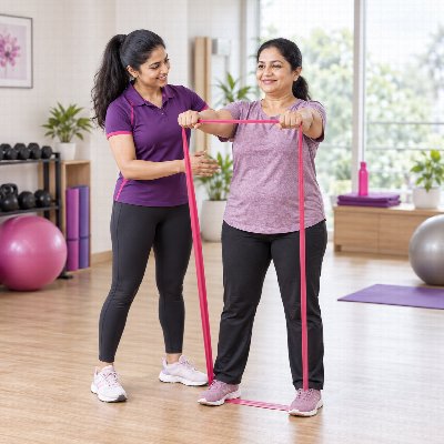Fitness trainer guiding a gentle resistance-band exercise