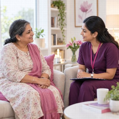 Wellness coach supporting an older woman