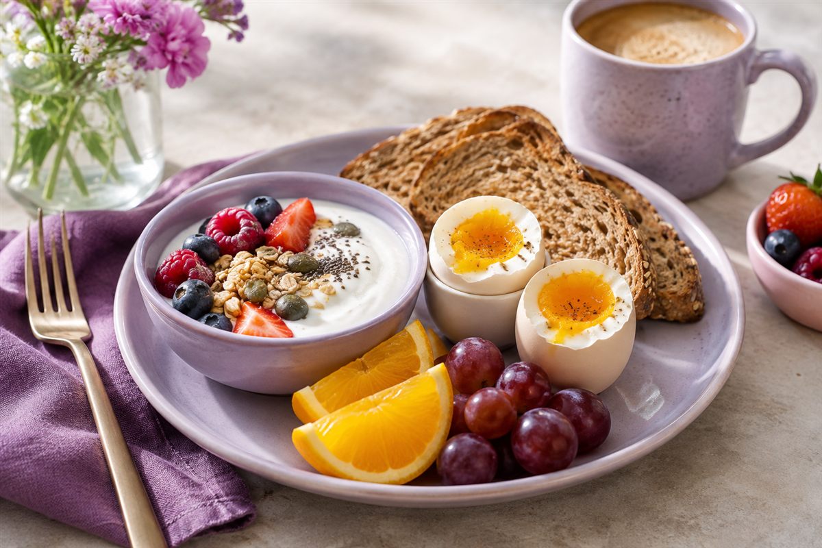 "Healthy high protein breakfast with eggs and whole grains for weight loss."