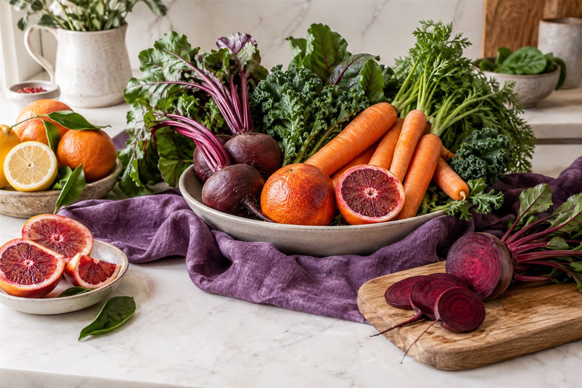 "Healthy winter superfoods including citrus fruits, root vegetables, and leafy greens for weight loss"